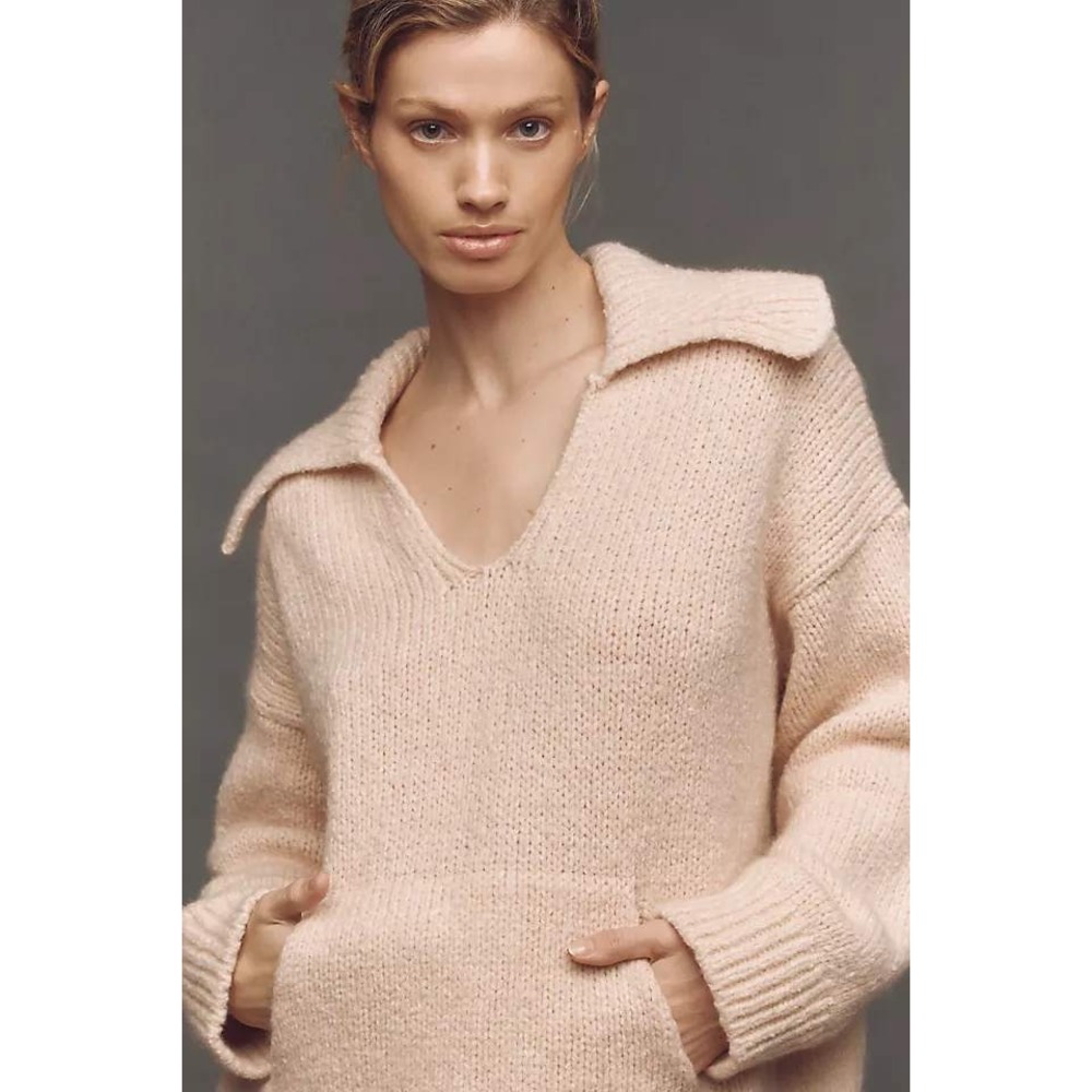 Pilcro Sweater Collared Pouch Pocket V-Neck Oversized M Pink Wool Cotton Chunky